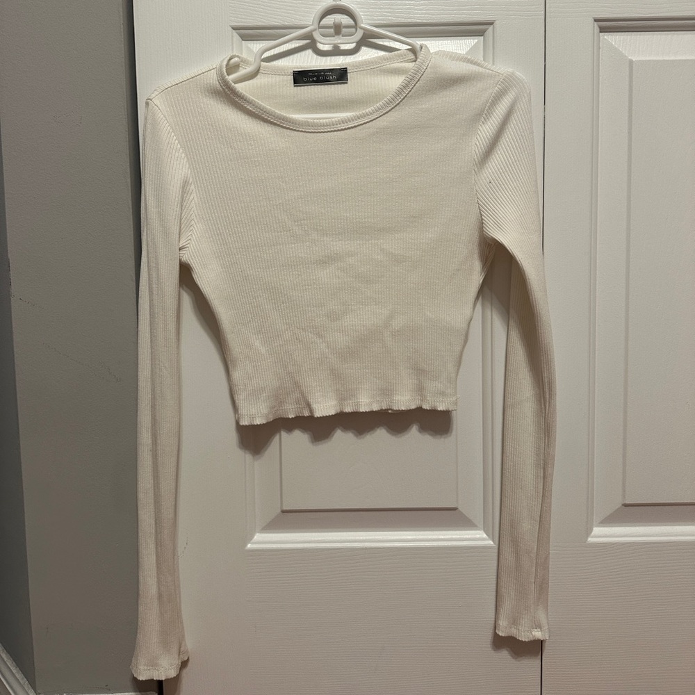Blue Blush Off White Ribbed Long Sleeve Shirt